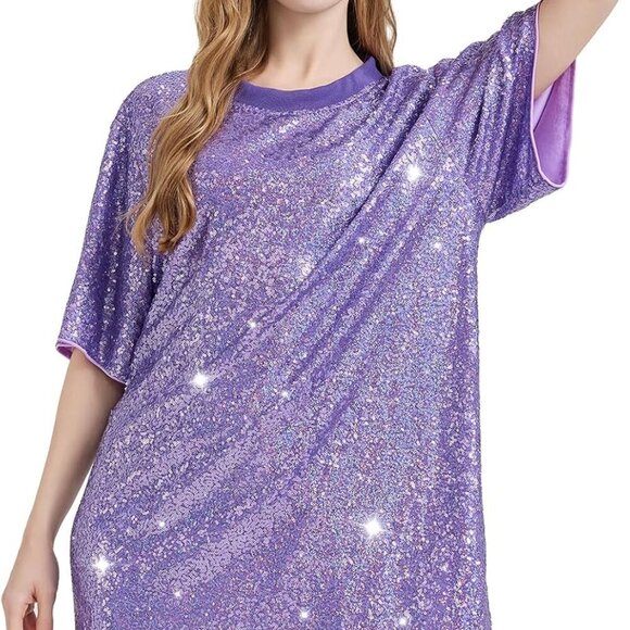 Dresses & Skirts - Plus Size Sequin T-Shirt Dress Sparkly Short Sleeve Party Club Wear